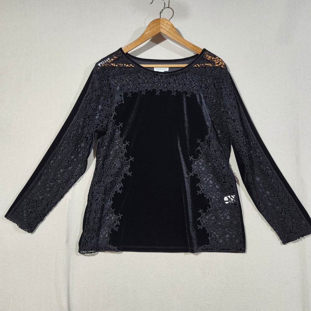 Sundance Womens Black Velvet Lace Trim Long Sleeve Top Blouse Large HOL18 Boho